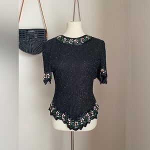 Vintage Peppermint Beaded Embellished Top Blouse